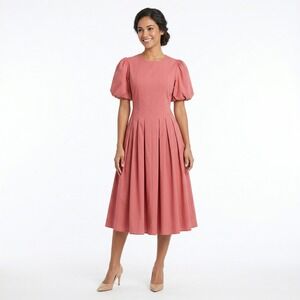 Eri + Ali Anthropologie Pink Puff Sleeve Pleated Midi Womens Cottagecore Dress